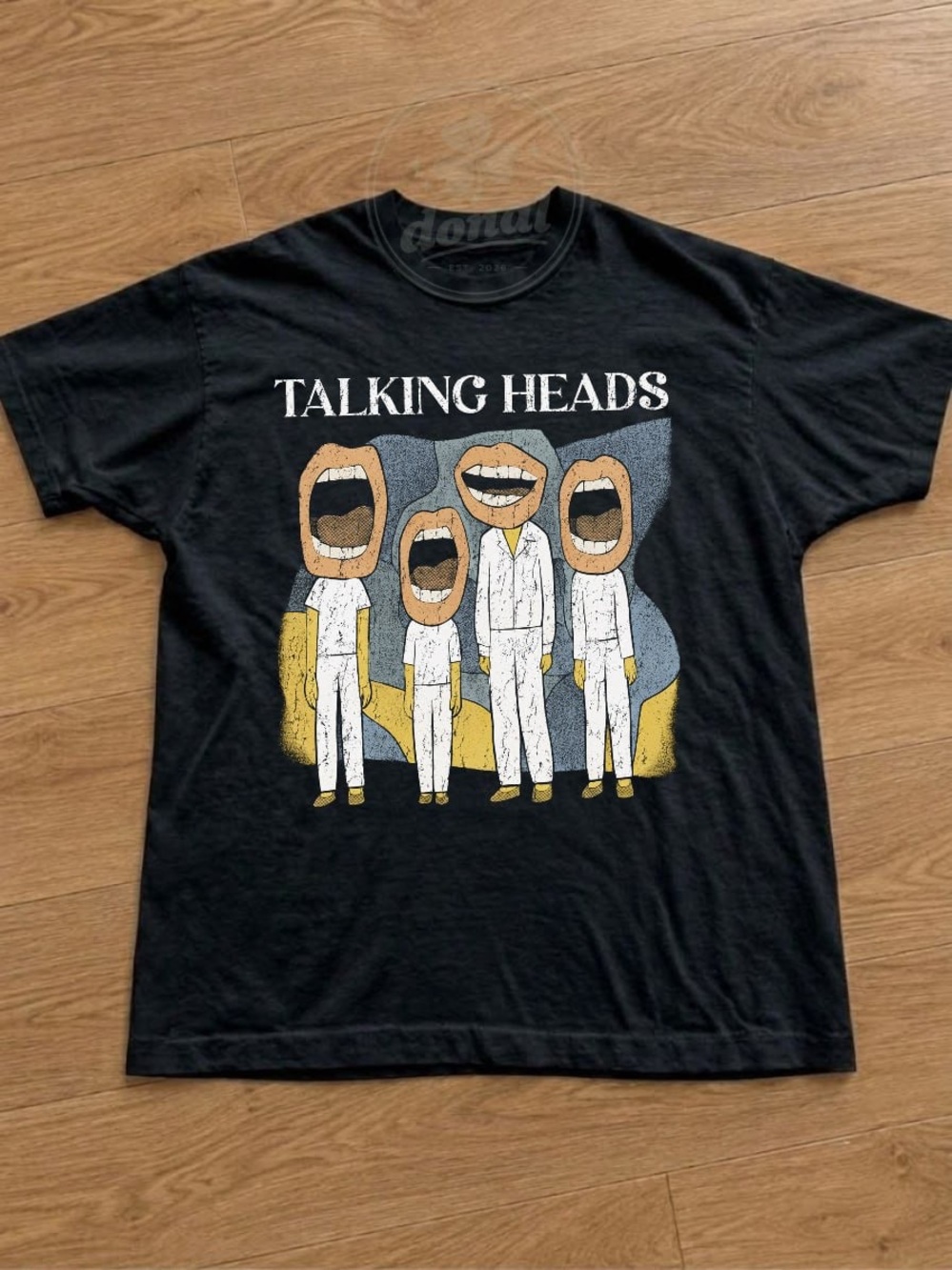 Black Talking Heads Graphic Tee with Yellow & White Art